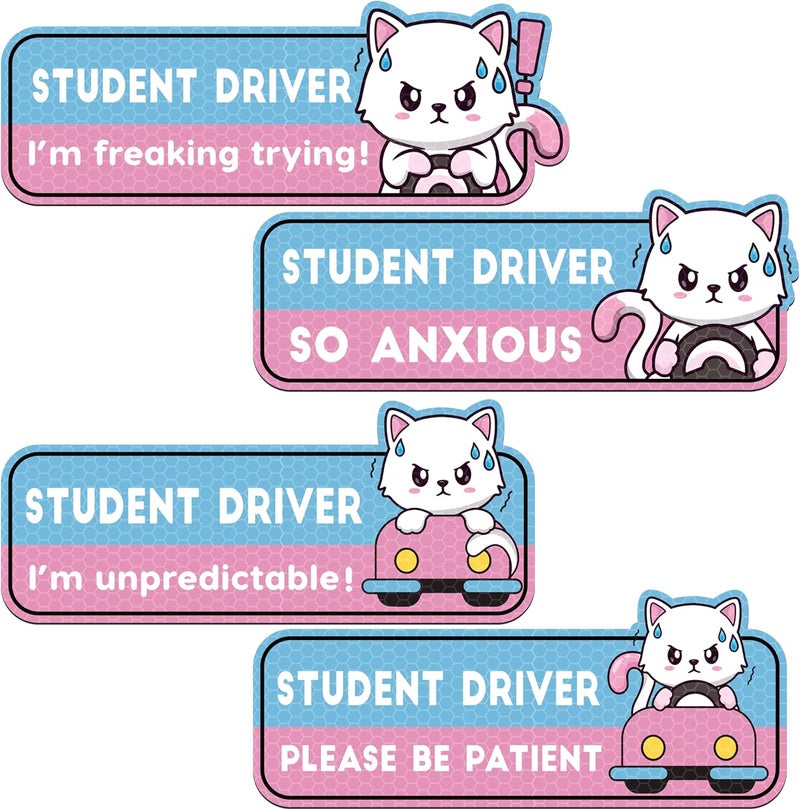 CNhoqc New Driver Car Magnet - 4pcs Cute Nervous Cat New Driver Car Rectangle Reflective Reusable Movable Funny Magnet Sticker for Bumper Please Be Patient Student Driver Safety Warning Attention Sign - Image 1
